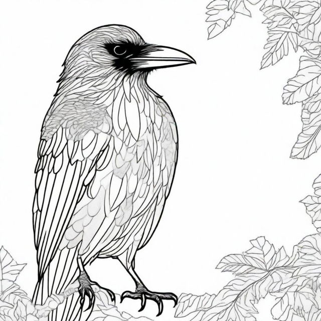 Create a detailed black line art drawing of a crow suitable for a colouring book page