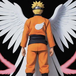 Naruto Uzumaki, the iconic ninja, with celestial angel wings unfurled from his back, standing with a determined look.