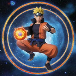 Naruto Uzumaki in a cosmic space setting, holding a galaxy-themed Rasengan, surrounded by stars and nebulae.