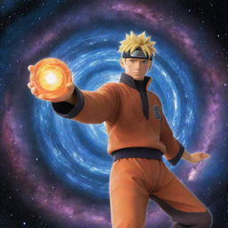 Naruto Uzumaki in a cosmic space setting, holding a galaxy-themed Rasengan, surrounded by stars and nebulae.