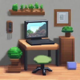 Una habitación con un ordenador portátil sobre un escritorio, todo al estilo pixel art