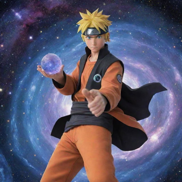 Naruto Uzumaki in a cosmic space setting, holding a galaxy-themed Rasengan, surrounded by stars and nebulae.