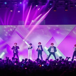 The BTS group, South Korean boy band, presenting a dynamic stage performance with light, color, and energy.