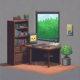 Una habitación con un ordenador portátil sobre un escritorio, todo al estilo pixel art