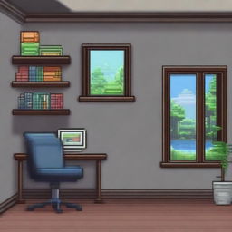 Una habitación con un ordenador portátil sobre un escritorio, todo al estilo pixel art