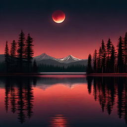 A blood moon reflecting in a crystal-clear lake surrounded by towering pine trees and distant mountains