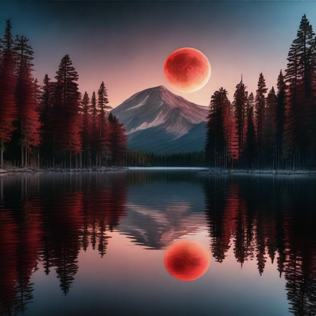 A blood moon reflecting in a crystal-clear lake surrounded by towering pine trees and distant mountains