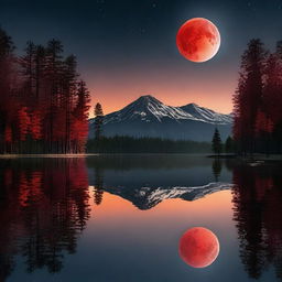 A blood moon reflecting in a crystal-clear lake surrounded by towering pine trees and distant mountains