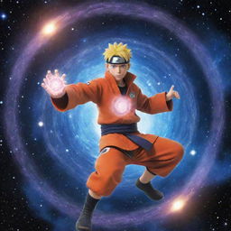 Naruto Uzumaki in a cosmic space setting, holding a galaxy-themed Rasengan, surrounded by stars and nebulae.