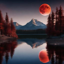 A blood moon reflecting in a crystal-clear lake surrounded by towering pine trees and distant mountains