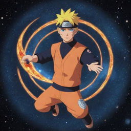 An animated style Naruto Uzumaki floating in space, holding a swirling galaxy-themed Rasengan, the vibrant stars and nebulae reflecting in his eyes.