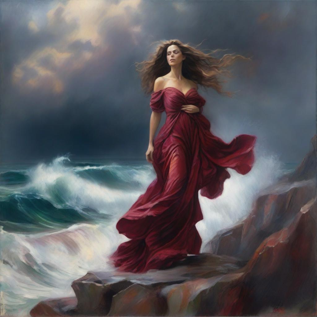 An intricate oil painting of a woman with flowing brown hair in a crimson gown, standing on a cliff overlooking a stormy ocean