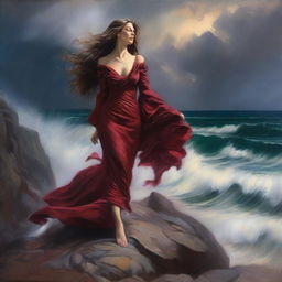 An intricate oil painting of a woman with flowing brown hair in a crimson gown, standing on a cliff overlooking a stormy ocean