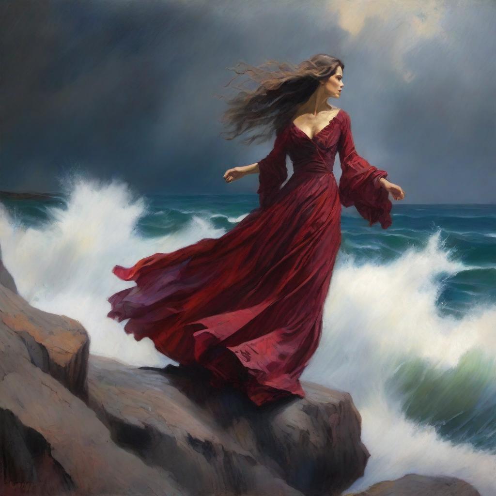 An intricate oil painting of a woman with flowing brown hair in a crimson gown, standing on a cliff overlooking a stormy ocean