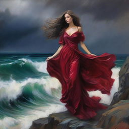 An intricate oil painting of a woman with flowing brown hair in a crimson gown, standing on a cliff overlooking a stormy ocean