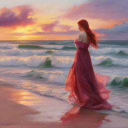 A woman with fiery red hair in a scarlet gown, standing on a beach at sunset