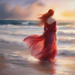 A woman with fiery red hair in a scarlet gown, standing on a beach at sunset