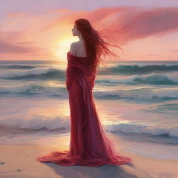 A woman with fiery red hair in a scarlet gown, standing on a beach at sunset