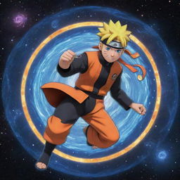 An animated style Naruto Uzumaki floating in space, holding a swirling galaxy-themed Rasengan, the vibrant stars and nebulae reflecting in his eyes.