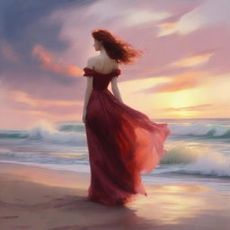 A woman with fiery red hair in a scarlet gown, standing on a beach at sunset