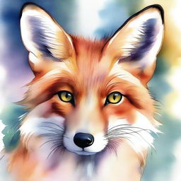 A meticulously detailed portrait of a fox with stunning, multicolored eyes, set against a dreamy, watercolor background