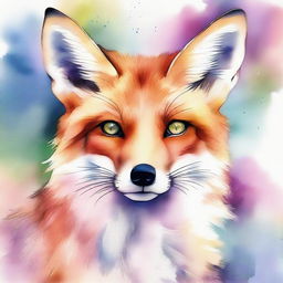 A meticulously detailed portrait of a fox with stunning, multicolored eyes, set against a dreamy, watercolor background