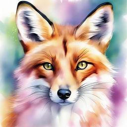 A meticulously detailed portrait of a fox with stunning, multicolored eyes, set against a dreamy, watercolor background