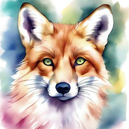 A meticulously detailed portrait of a fox with stunning, multicolored eyes, set against a dreamy, watercolor background