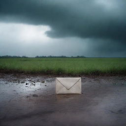 A desolate open field with rain pouring down from a cloudy sky