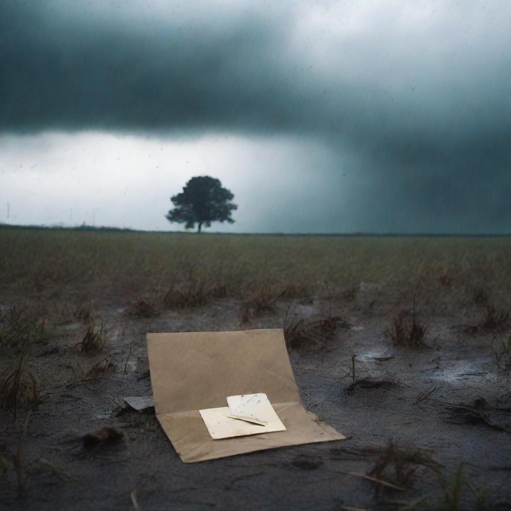 A desolate open field with rain pouring down from a cloudy sky