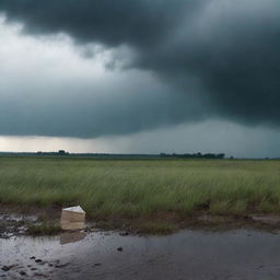 A desolate open field with rain pouring down from a cloudy sky