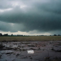 A desolate open field with rain pouring down from a cloudy sky