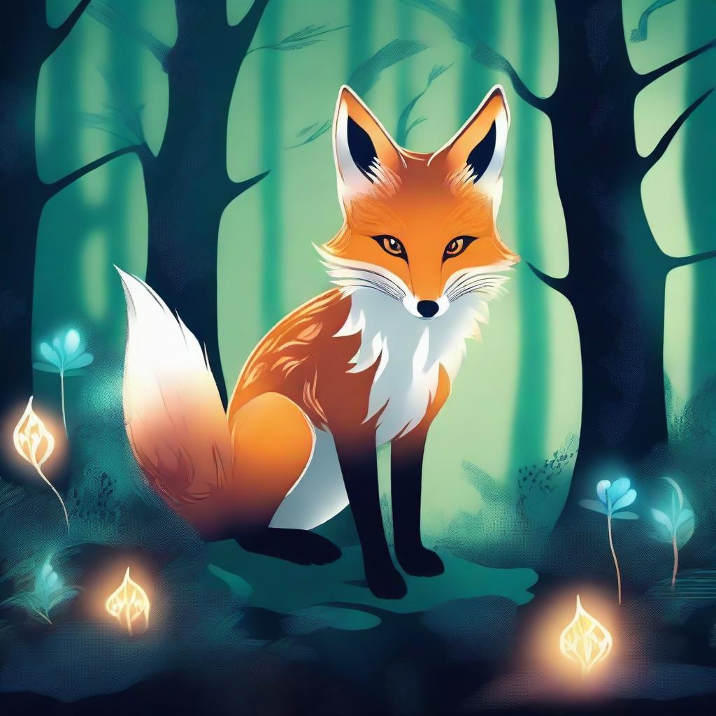 A mysterious fox with intricate, magical markings glowing on its fur, exploring a mystical forest