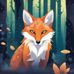 A mysterious fox with intricate, magical markings glowing on its fur, exploring a mystical forest