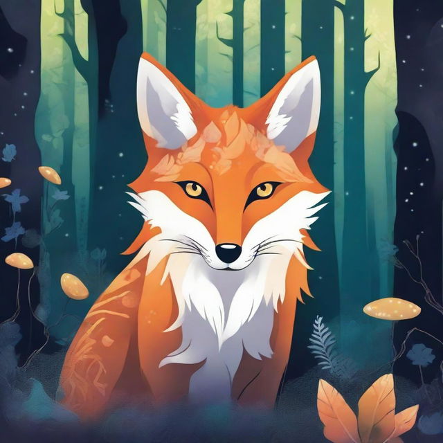 A mysterious fox with intricate, magical markings glowing on its fur, exploring a mystical forest