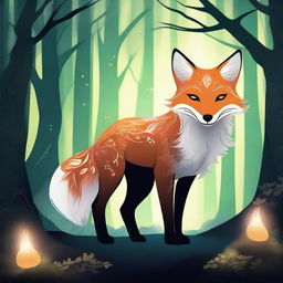 A mysterious fox with intricate, magical markings glowing on its fur, exploring a mystical forest