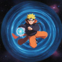 An animated style Naruto Uzumaki floating in space, holding a swirling galaxy-themed Rasengan, the vibrant stars and nebulae reflecting in his eyes.