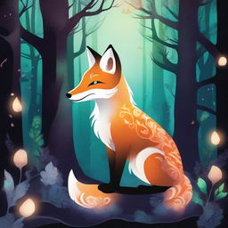 A mysterious fox with intricate, magical markings glowing on its fur, exploring a mystical forest