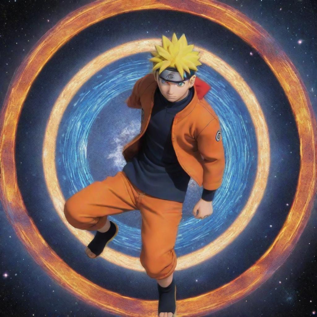 An enhanced animated Naruto Uzumaki, situated in the heart of outer space, gripping a more intricately swirled galaxy-themed Rasengan, celestial bodies reflected vividly around him.