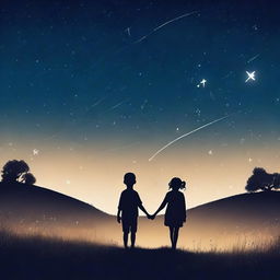 The silhouette of a boy and a girl walking along a path surrounded by grass under a starry sky