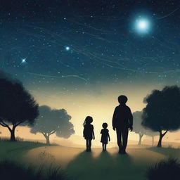 The silhouette of a boy and a girl walking along a path surrounded by grass under a starry sky