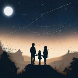 The silhouette of a boy and a girl walking along a path surrounded by grass under a starry sky