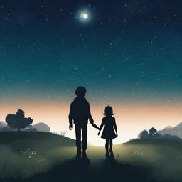 The silhouette of a boy and a girl walking along a path surrounded by grass under a starry sky