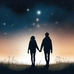 The silhouette of a teenage boy and girl walking along a path surrounded by grass under a starry sky