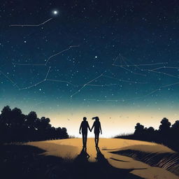 The silhouette of a teenage boy and girl walking along a path surrounded by grass under a starry sky