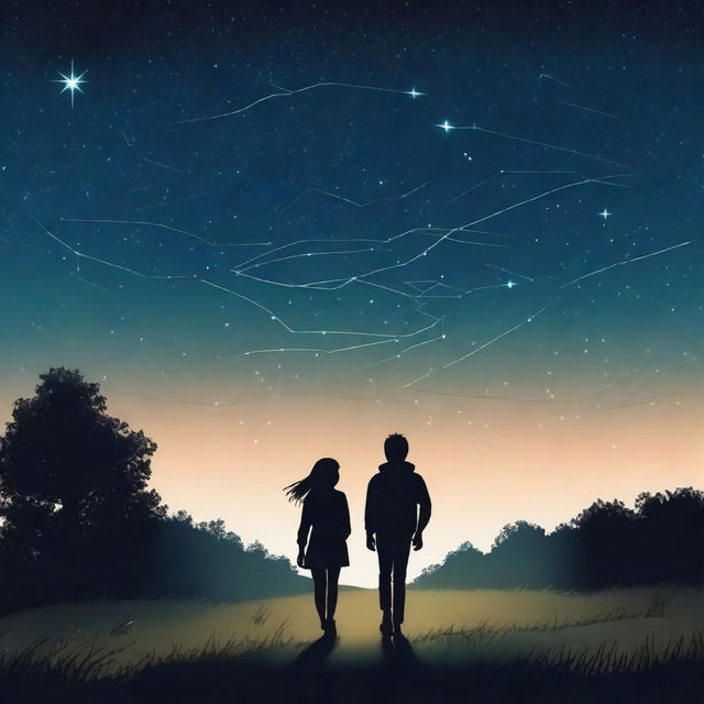 The silhouette of a teenage boy and girl walking along a path surrounded by grass under a starry sky