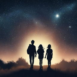 The silhouette of a teenage boy and girl walking along a path surrounded by grass under a starry sky