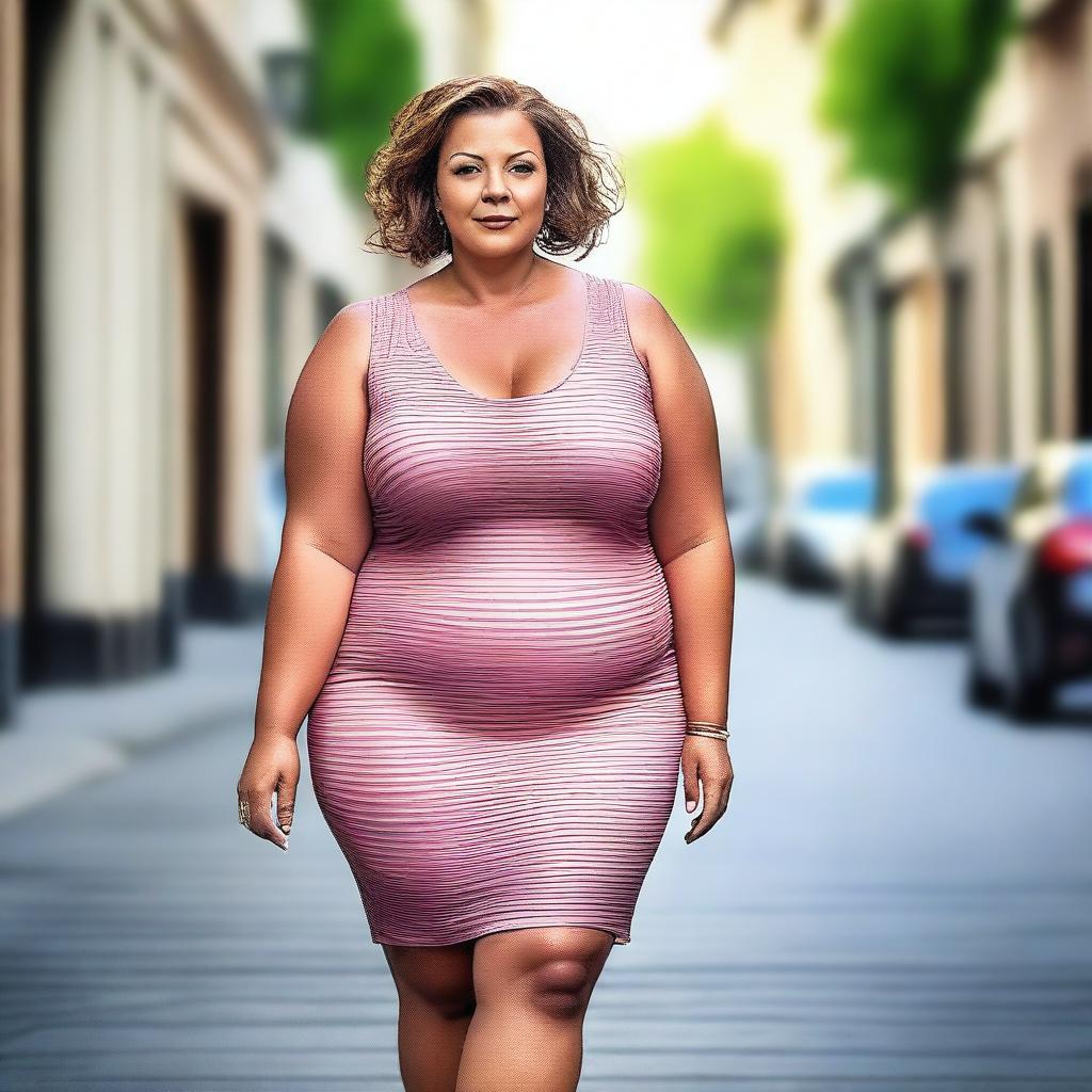 A beautiful 50-year-old woman with a voluptuous, curvy, and plus-size figure