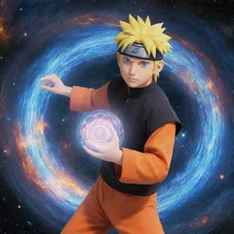 An enhanced animated Naruto Uzumaki, situated in the heart of outer space, gripping a more intricately swirled galaxy-themed Rasengan, celestial bodies reflected vividly around him.