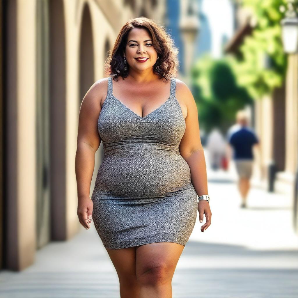 A beautiful 50-year-old woman with a voluptuous, curvy, and plus-size figure, wearing a stylish thigh-length mini dress